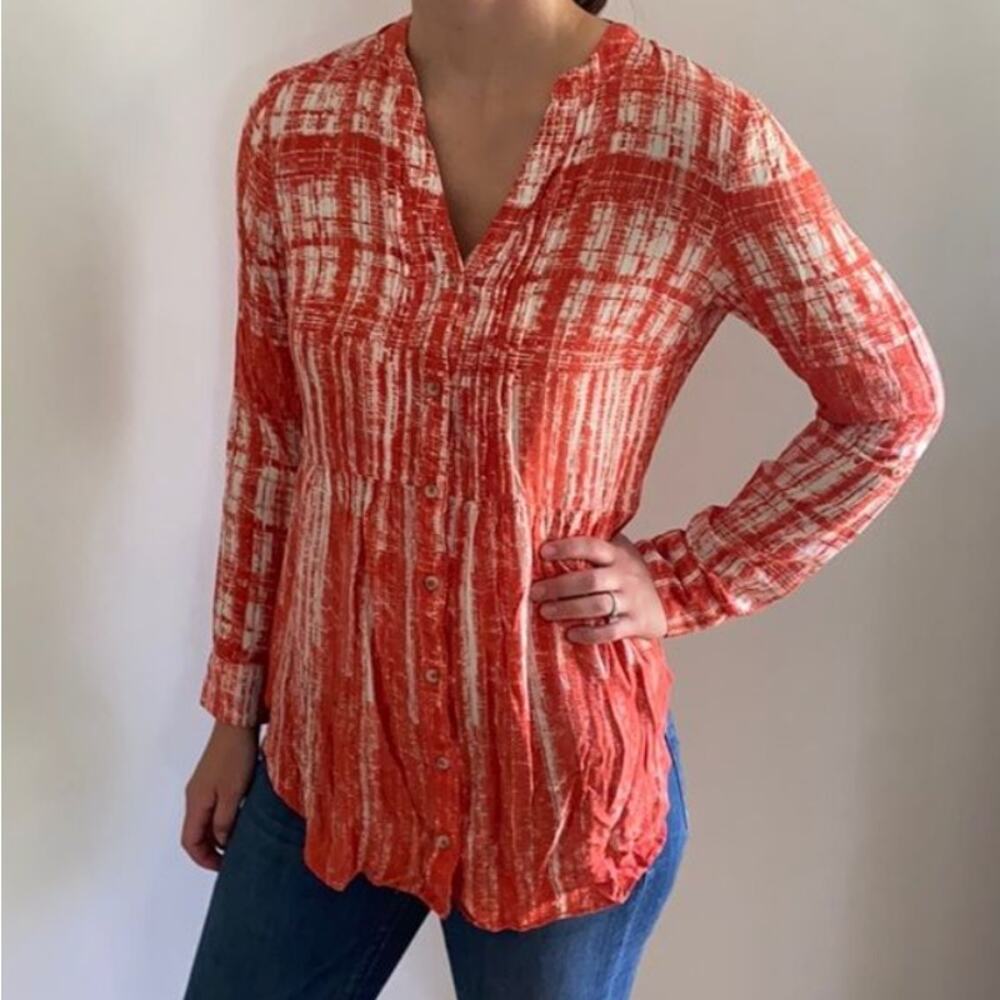 Maeve Anthropologie Orange White Boho V-neck Button Down Blouse Women's size 4